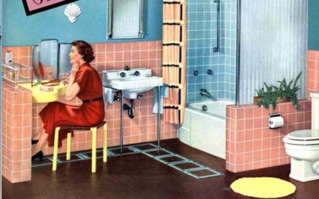 1950s bathroom design that you can remodel by installing Gold Heat electric radiant floor heat above the subfloor