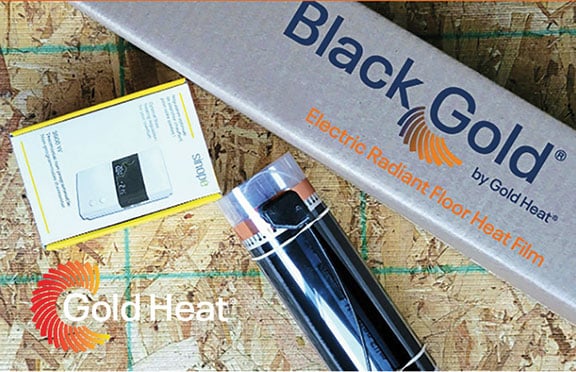 Black gold electric radiant floor heat for tiny house heating and low profile flooring